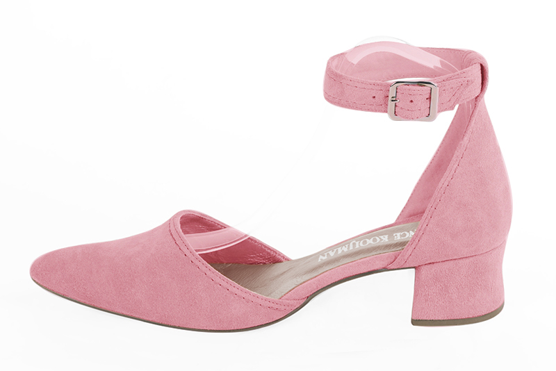Carnation pink women's open side shoes, with a strap around the ankle. Tapered toe. Low flare heels. Profile view - Florence KOOIJMAN